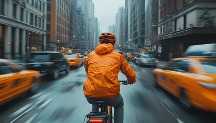 Cyclist navigating busy city streets during rainy weather