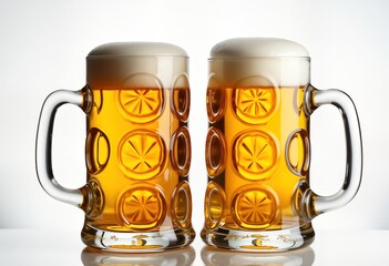 Two traditional Bavarian beer mugs filled with golden lager beer displayed. Oktoberfest style glasses presented with generous layer of foam at top. Image isolated on white background. Ideal for