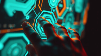 Ai generated image of a hand interacts with a vibrant teal and orange digital interface, navigating glowing hexagonal nodes