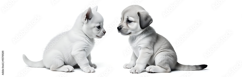 Poster kitten and puppy isolated on a white background in a simple black and white graphic design. 00002