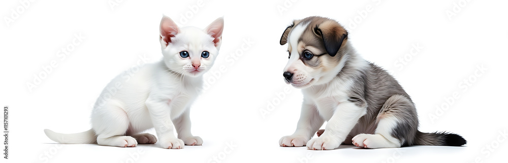 Poster kitten and puppy isolated on a white background in a simple black and white graphic design. 00003