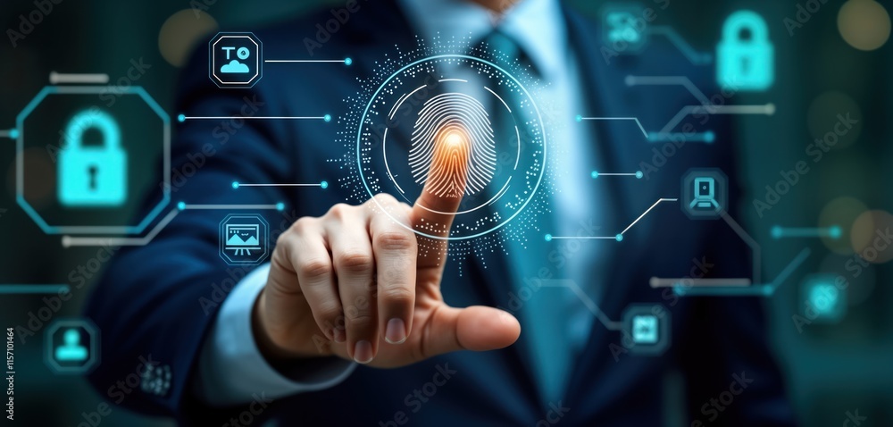 Poster Businessman uses fingerprint scan for personal data access. Secure tech solution for personal info. Biometric identification process. Illustrative image about cyber security. Futuristic digital