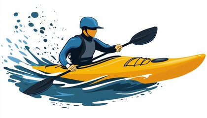 A person kayaking in a vibrant yellow kayak on blue water.