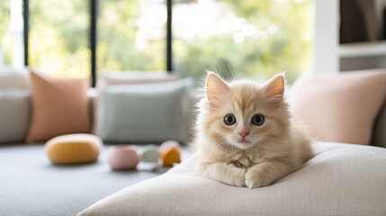 Cream kitten nestled among pastel cushions in living room