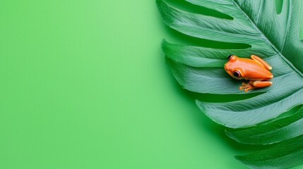 A lively orange frog sat on a rich green leaf, displaying intricate details against a dark, blurred background, ideal for nature-related projects and educational materials.