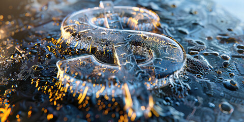 Three-Dimensional Dollar Sign in Textured Surface with Water Droplets