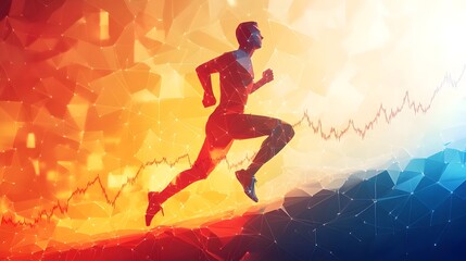 A low poly 3D illustration of a runner on a rising trend chart. Concept for Personal Growth and Economic Trends illustrating the pursuit of goals, market progression, motivation, determination vibrant