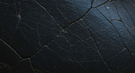 Volumetric rock texture with cracks. Black stone background with copy space for design. Wide banner