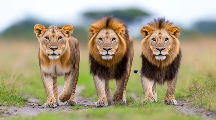 Three impressive lions are positioned in a savanna setting, demonstrating their formidable presence. This scene is ideal for wildlife documentaries, educational resources, or nature-focused projects.