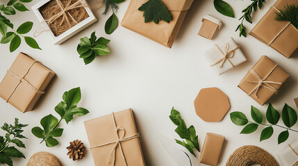 Creative Flat Lay of Eco-Friendly Packaging Featuring Paper Wraps, Reusable Boxes, and Recycled Materials for Sustainable Shipping Practices in a Brand Advertisement