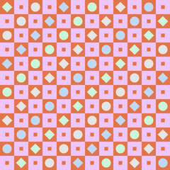 Retro geometric pattern in pastel colors. Seamless shapes of circles, squares and rhombuses. Endless flat vector design.