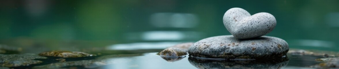 Obraz premium Grey heart-shaped stone, serene water backdrop, carefully positioned stones , nature photography, water surface