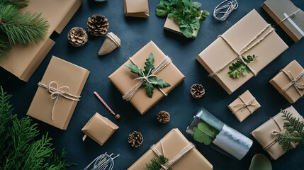 Creative Flat Lay of Eco-Friendly Packaging Featuring Paper Wraps, Reusable Boxes, and Recycled Materials for Sustainable Shipping Practices in a Brand Advertisement