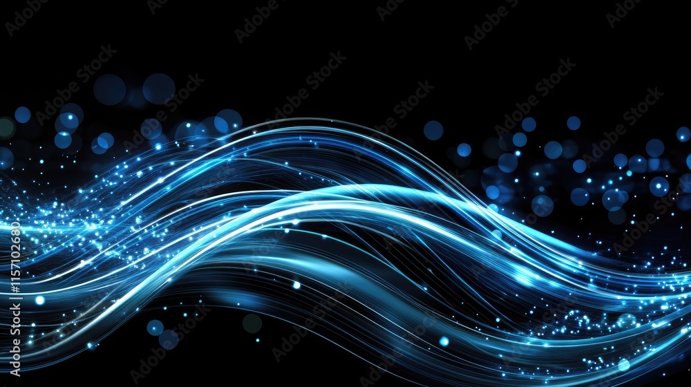 Poster dynamic abstract blue waves flow across a dark background, featuring luminous dots and lines ideal f