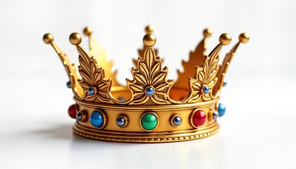 Golden crown with colorful gems sits on a white background. Ornate design and rich gold color. Luxury royal headdress. Antique style. Regal symbol of power and authority.