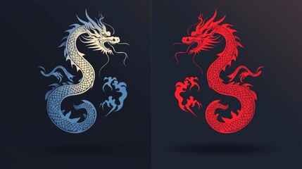 Monochrome dragon silhouettes and colorful cartoon character illustrations for Chinese New Year 2024 celebration