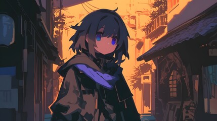 Dark alley with mysterious anime character in shadows, intense setting