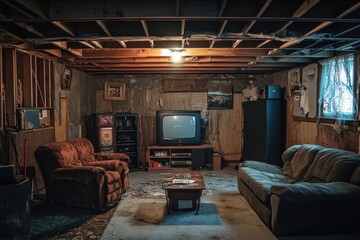 Empty basement space with wooden walls and home theater setup ready for installation