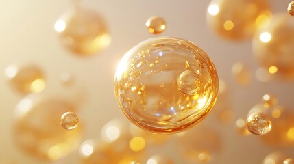 Abstract image of golden spheres floating in air, reflecting light.
