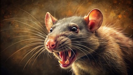 Vintage Style Close-up of a Fierce Snarling Rat with Sharp Teeth and Pink Nose - Digital Painting
