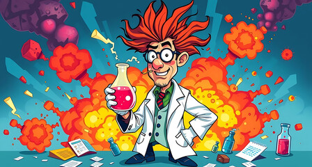 crazy scientist, Energetic crazy scientist with wild red hair holding a potion amidst an explosive laboratory background