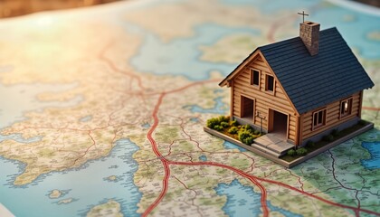 Miniature wooden house sits on cadastral map. Illustrates real estate planning concept. Shows vacant land parcel for new home construction. Focuses on housing development, property survey. Suggests