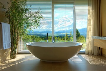 Fototapeta premium Beautiful modern bathroom with scenic mountain view and natural light during the day