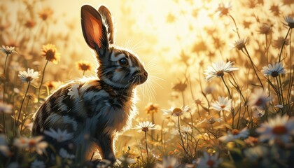 Whimsical easter card with rabbit in blooming spring meadow