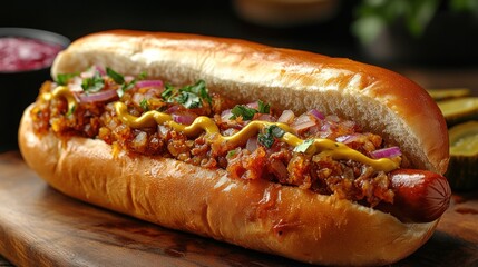 Juicy hot dog in a soft bun with caramelized onions, mustard, and parsley.
