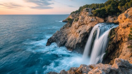 Obraz premium Majestic waterfall cascading from rocky cliffs into the Mediterranean Sea at sunset