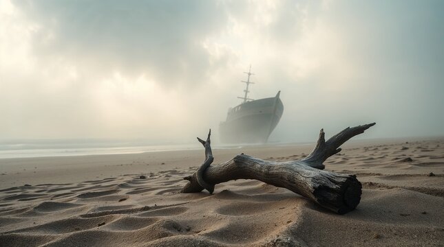 Shipwreck on a desolate beach with driftwood, evoking mystery and the passage of time in a moody atmosphere