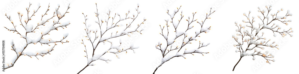 Aufkleber bare twisted tree branches covered in delicate snow against a plain white background creating a mini