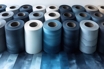 An assortment of rolls of highquality fabric available in beautiful shades of blue and gray