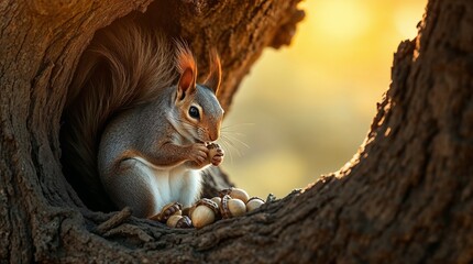 Obraz premium Squirrel sitting in a tree hollow, enjoying a nut in the warm glow of sunset, showcasing the beauty of wildlife
