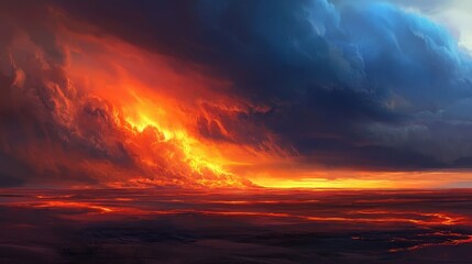 Fototapeta premium Fiery Lava Under Stormy Sky at Dusk