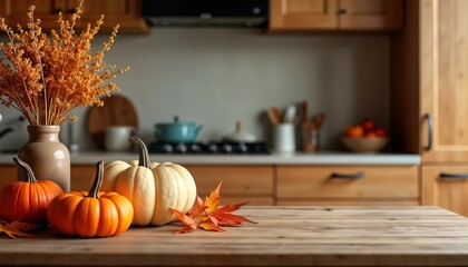 Autumnal kitchen scene with pumpkins on wooden table. Decorated with dried flowers, fall leaves. Warm, inviting interior setting. Ample copy space for product placement. Perfect for fall products.