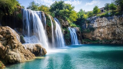 Waterfalls cascade from rocky cliffs into the tranquil Mediterranean Sea in a picturesque coastal landscape