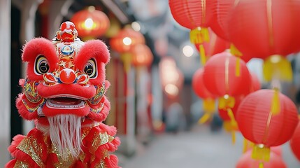 During Chinese New Year, a colorful lion dance is performed on a festive street decorated with red lanterns.