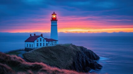 Lighthouse at sunset, dramatic sky, coastal scene.
