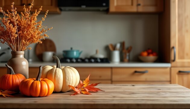 Autumnal kitchen scene with pumpkins on wooden table. Decorated with dried flowers, fall leaves. Warm, inviting interior setting. Ample copy space for product placement. Perfect for fall products.