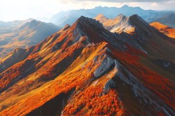 A vibrant autumn landscape showcasing sharp mountain ridges blanketed with brilliant orange leaves, capturing the beauty and warmth of the fall season in nature.