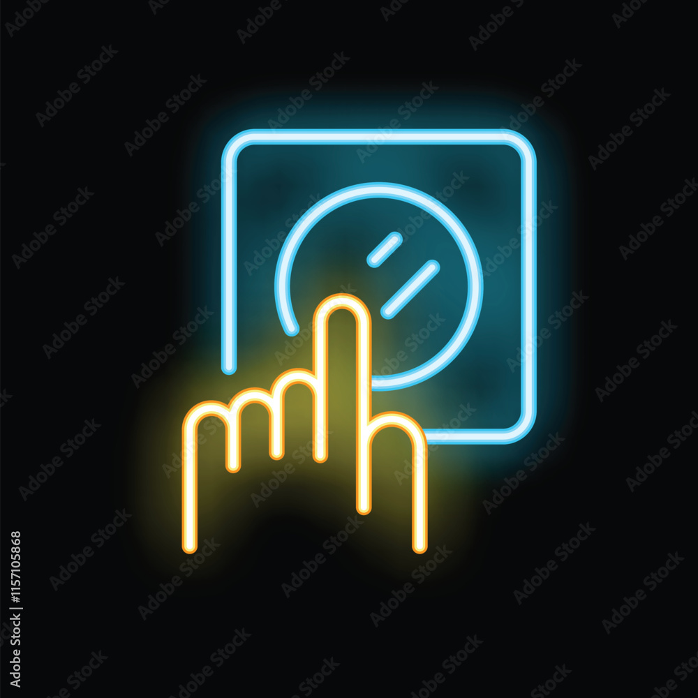 Aufkleber glowing neon icon of a hand pressing a button on a control panel, representing concepts like activat