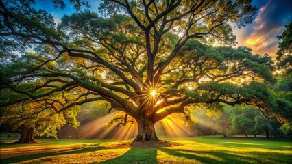Vintage Sunset Forest Park: Majestic Oak Tree Shade, 4K Nature Landscape