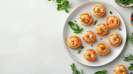 A beautiful flat lay of small appetizers on minimalist plates, surrounded by fresh herbs and ingredients, under perfect lighting.