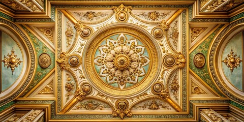 Obraz premium Vintage Symmetrical 3D Ceiling Painting with Gold Accents on Beige Marble