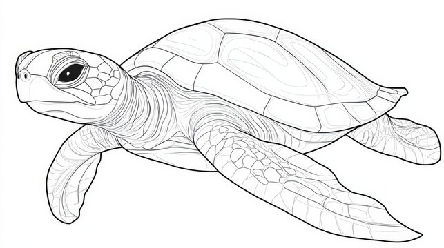 Sea Turtle Line Art. Outline Drawing of Marine Reptile for Coloring Book, Design Element