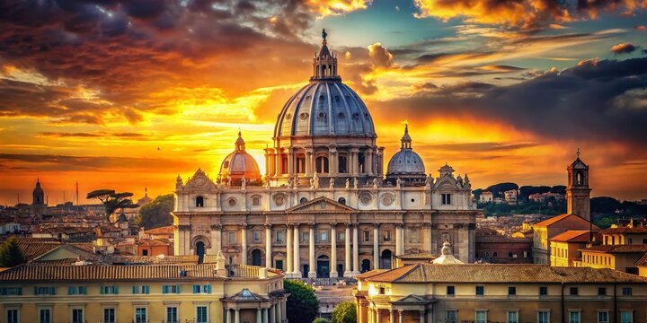 Vintage Sunset over St. Peter's Basilica, Rome, Italy