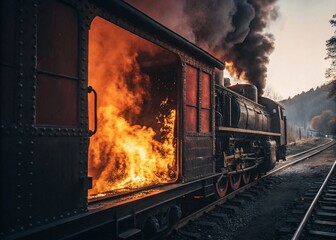 Naklejka premium Vintage Train Fire Dramatic Burning Flames Steam Locomotive Stock Photo