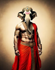 Humanoid elephant figure in traditional Indian attire, muscular and shirtless, adorned with gold jewelry