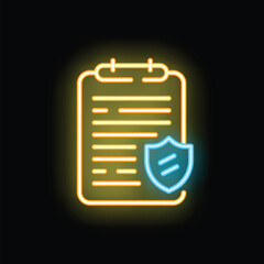Obraz premium Glowing neon line icon of insurance policy document with shield protecting from damage isolated on a black background